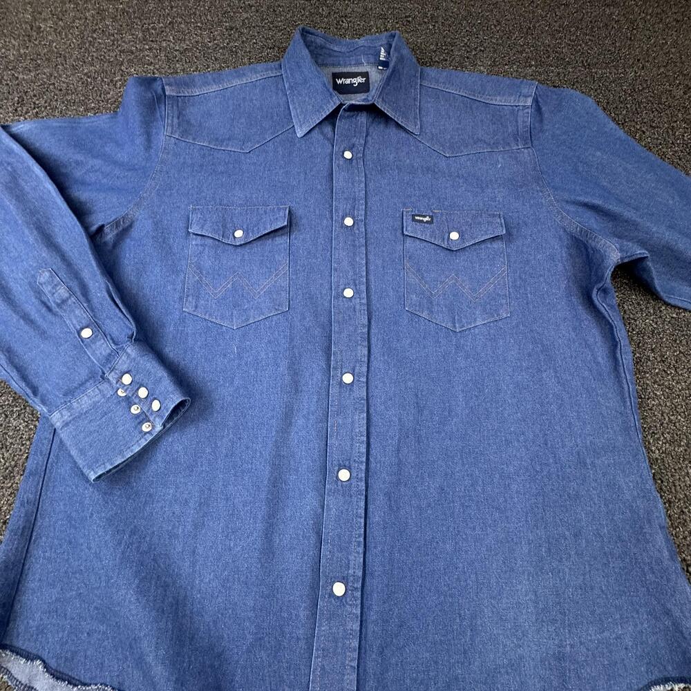 Vtg Wrangler Shirt Mens XL Blue Denim Long Sleeve Snap Button-Up Pocket Casual